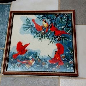 Vintage embrodery, fiber art approximately 13.5"x13.5" in wood frame under glass